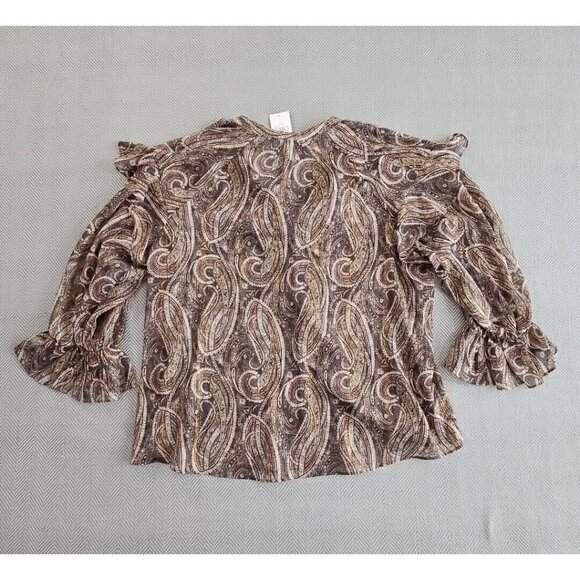 Cato Tunic Women's Size 14/16W Brown Paisley Metallic NWT Ruffles Flutter - Picture 10 of 14